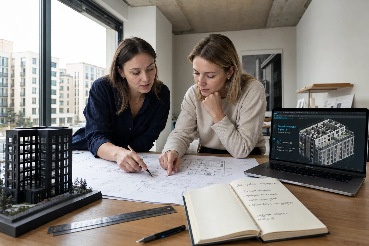 Два архитектора работают с чертежами, физической моделью здания и BIM-моделью на ноутбуке